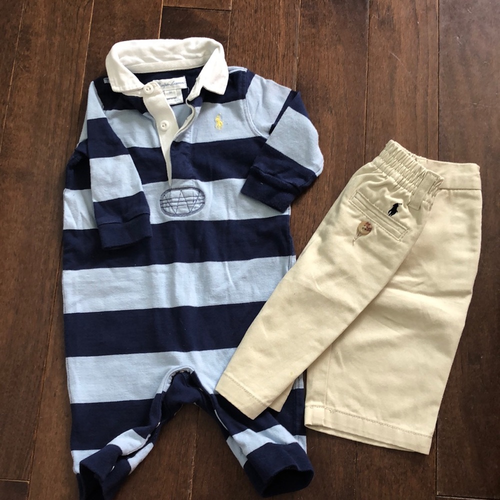 Khaki pants and striped bodysuit.